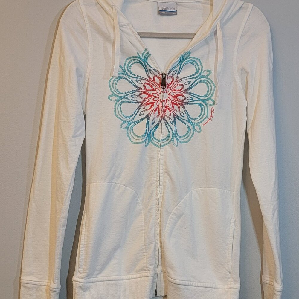 Columbia White Hooded Zip Up Hoodie with Pink & Blue Flowery Daze, Sz XS